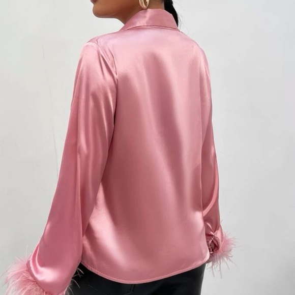 Fuzzy cuff satin dusty pink shirt - Picture 2 of 3
